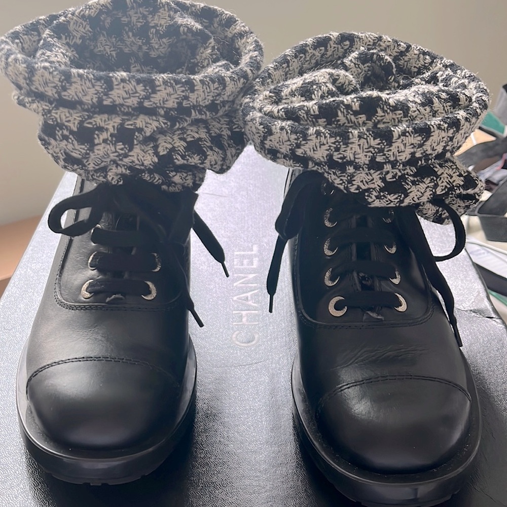 Chanel Tweed & Leather Boots Size 39